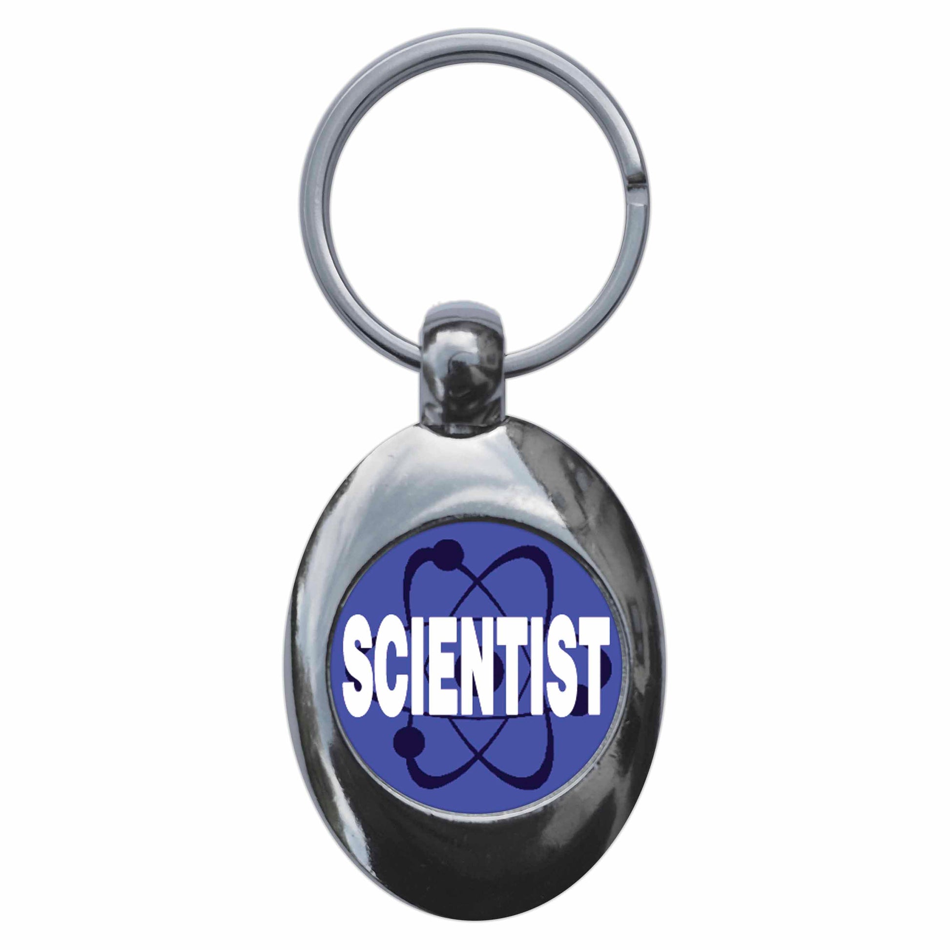 A picture of the front of the product, titled Scientist Blue Metal Keyring With Trolley Coin