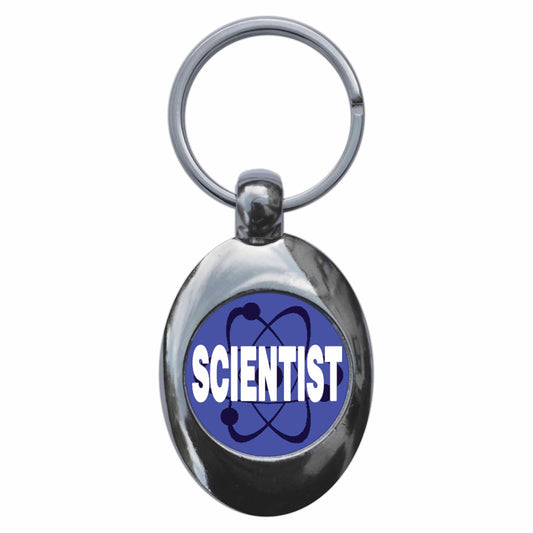 A picture of the front of the product, titled Scientist Blue Metal Keyring With Trolley Coin