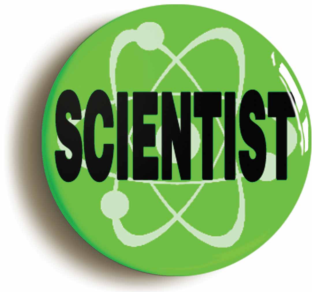 A picture of the front of the product, titled Scientist Green Button Pin Badge