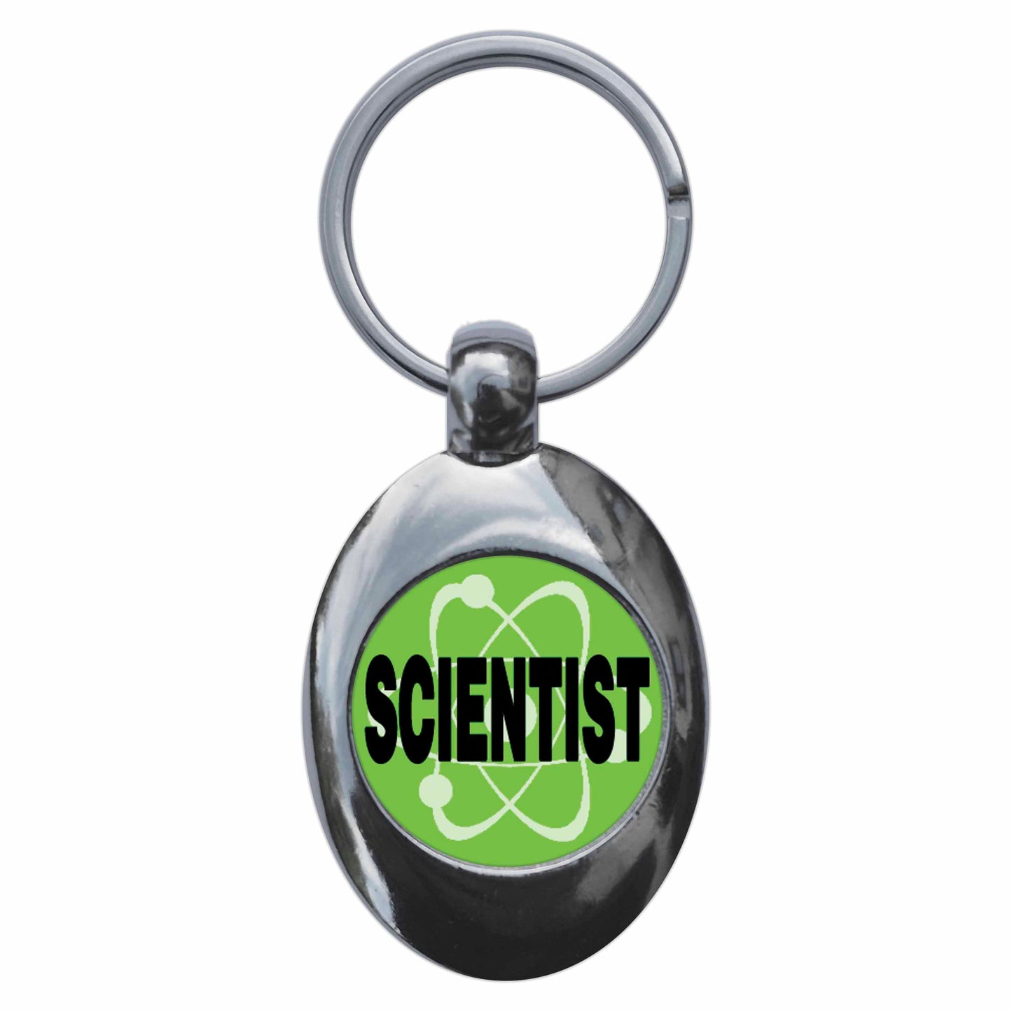 A picture of the front of the product, titled Scientist Green Metal Keyring With Trolley Coin
