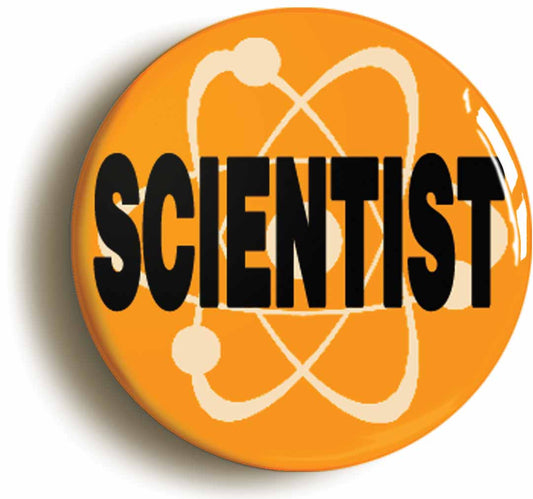 A picture of the front of the product, titled Scientist Orange Button Pin Badge