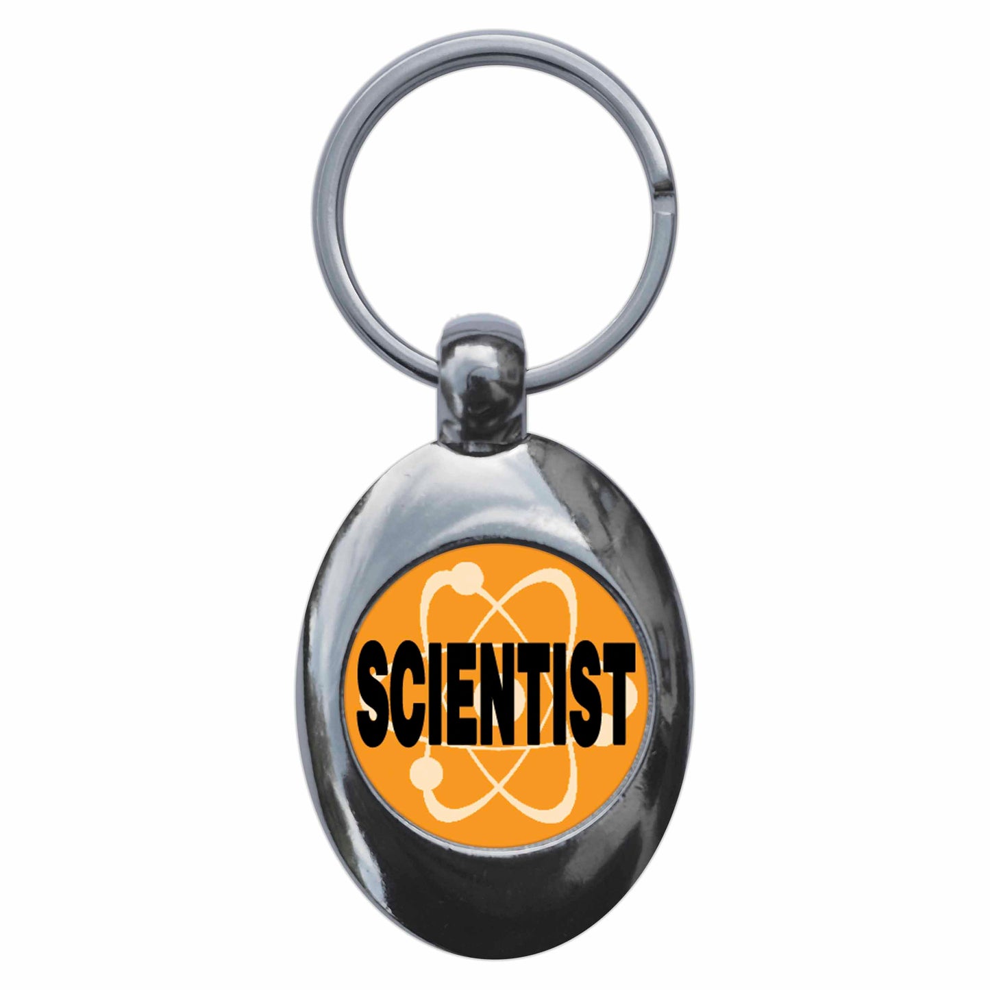 A picture of the front of the product, titled Scientist Orange Metal Keyring With Trolley Coin