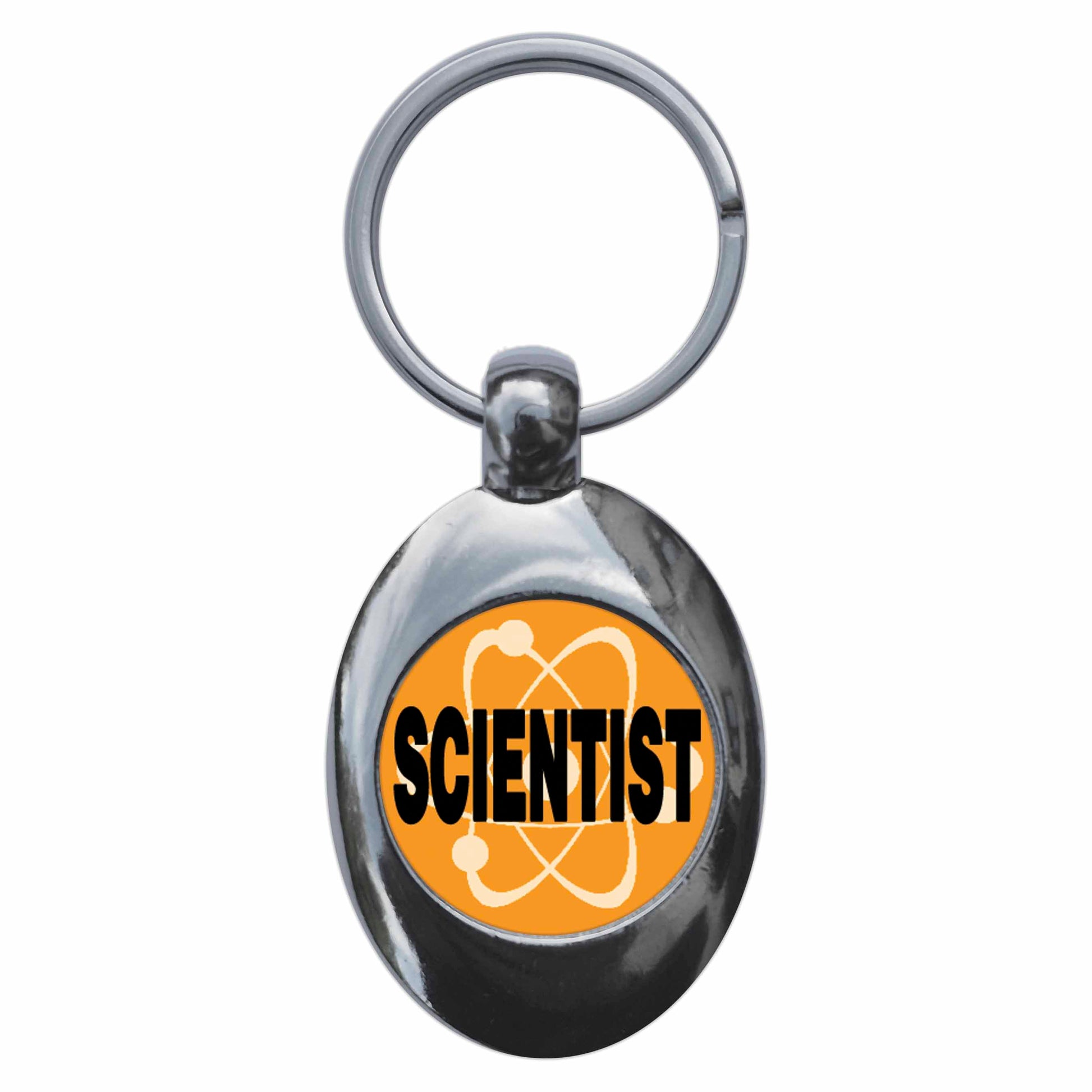 A picture of the front of the product, titled Scientist Orange Metal Keyring With Trolley Coin