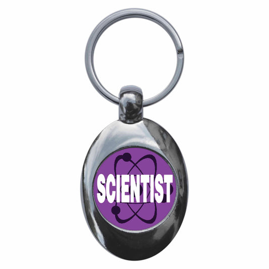 A picture of the front of the product, titled Scientist Purple Metal Keyring With Trolley Coin