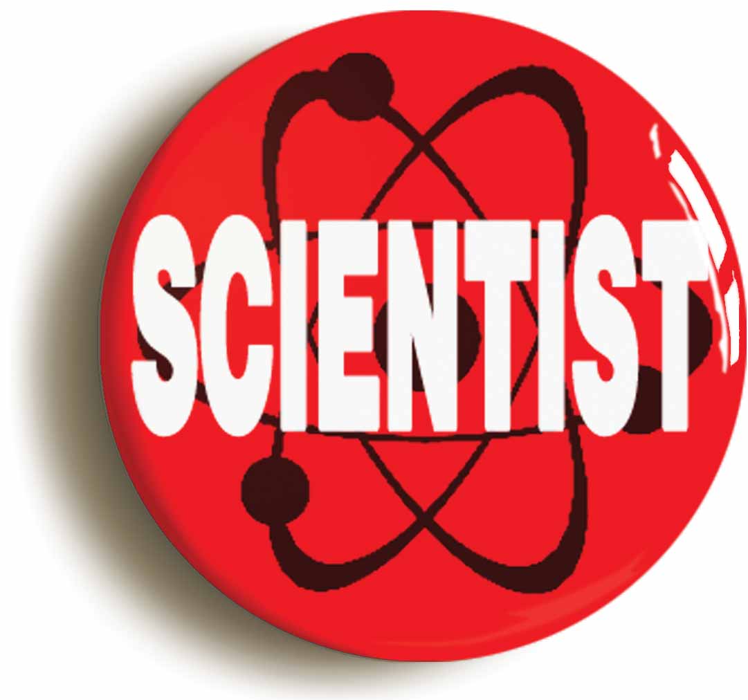 A picture of the front of the product, titled Scientist Red Button Pin Badge
