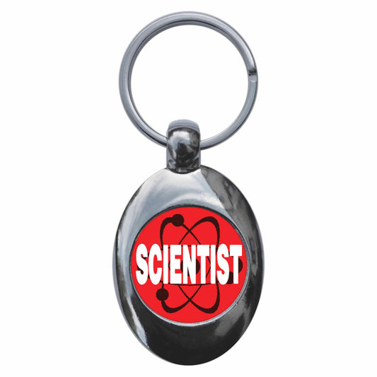 A picture of the front of the product, titled Scientist Red Metal Keyring With Trolley Coin