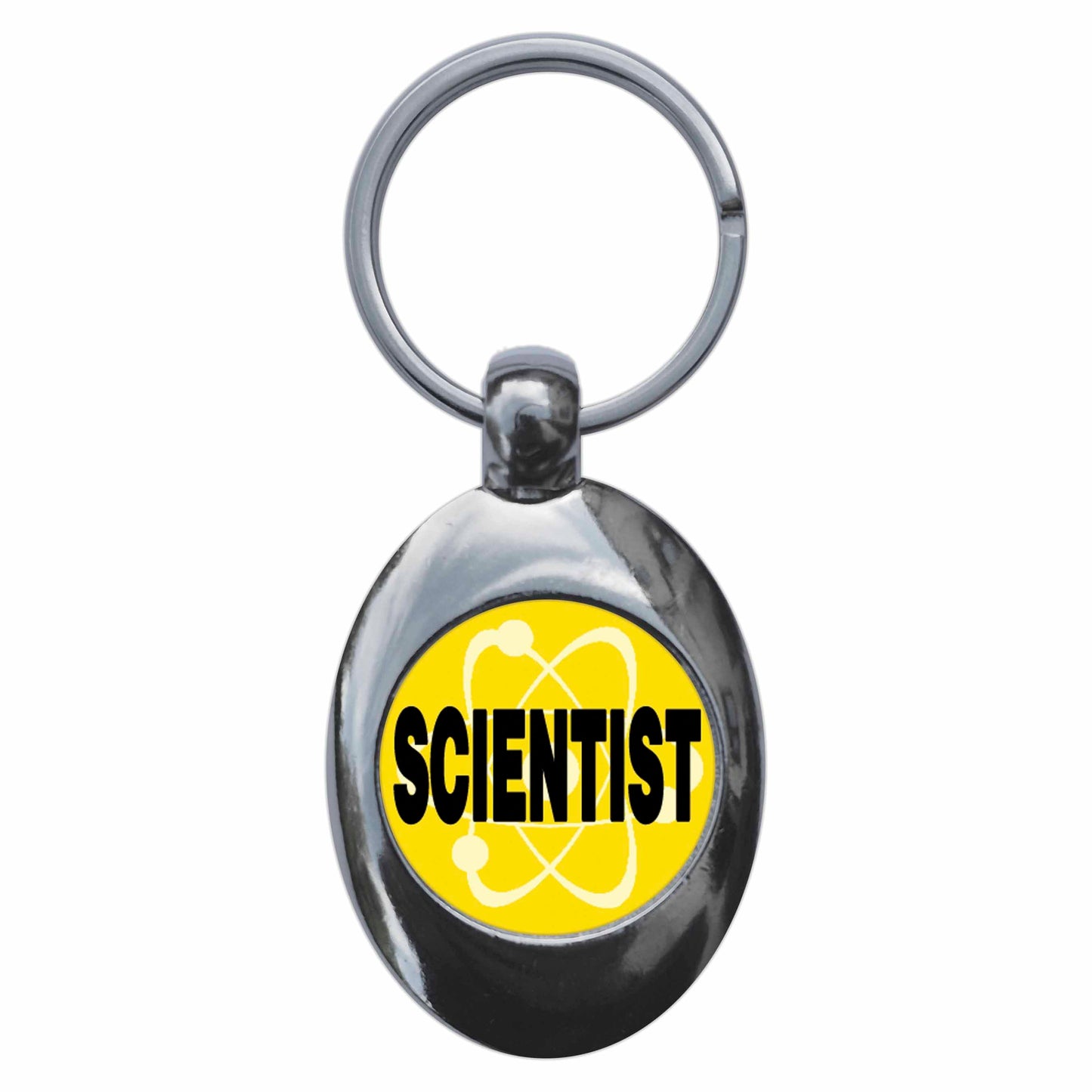 A picture of the front of the product, titled Scientist Yellow Metal Keyring With Trolley Coin