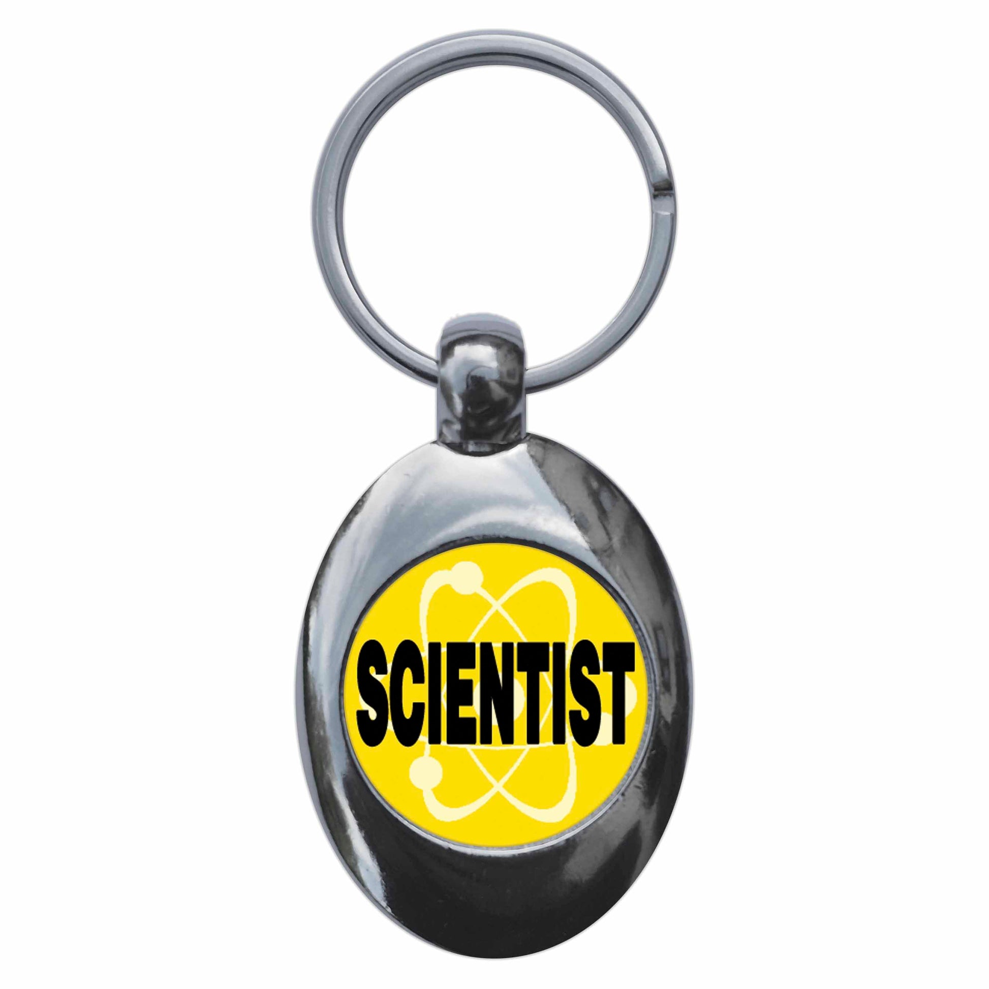 A picture of the front of the product, titled Scientist Yellow Metal Keyring With Trolley Coin