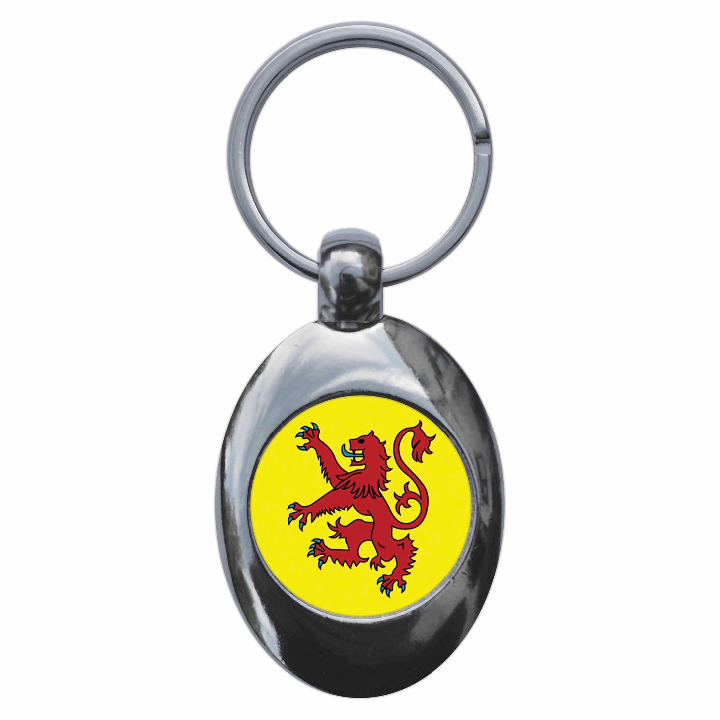 A picture of the front of the product, titled Scottish Lion Standard Flag Metal Keyring With Trolley Coin