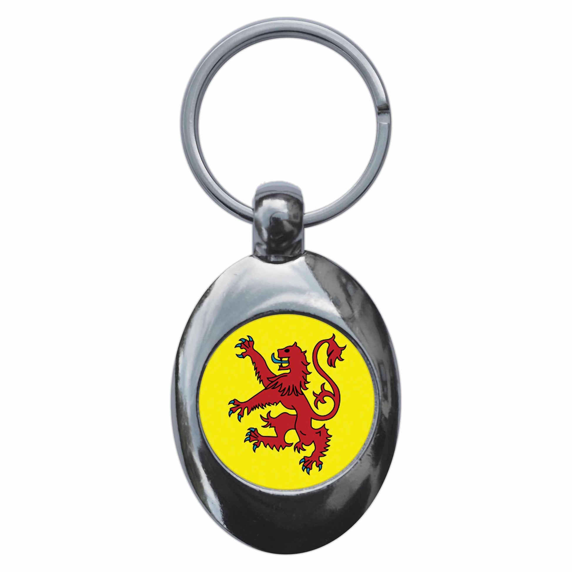 A picture of the front of the product, titled Scottish Lion Standard Flag Metal Keyring With Trolley Coin