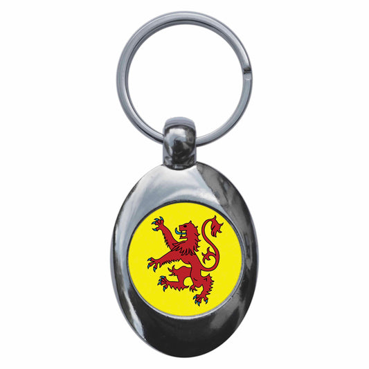 A picture of the front of the product, titled Scottish Lion Standard Flag Metal Keyring With Trolley Coin