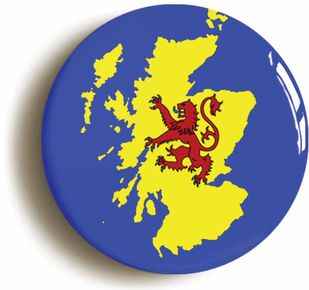 A picture of the front of the product, titled Scottish Flag Map Button Pin Badge