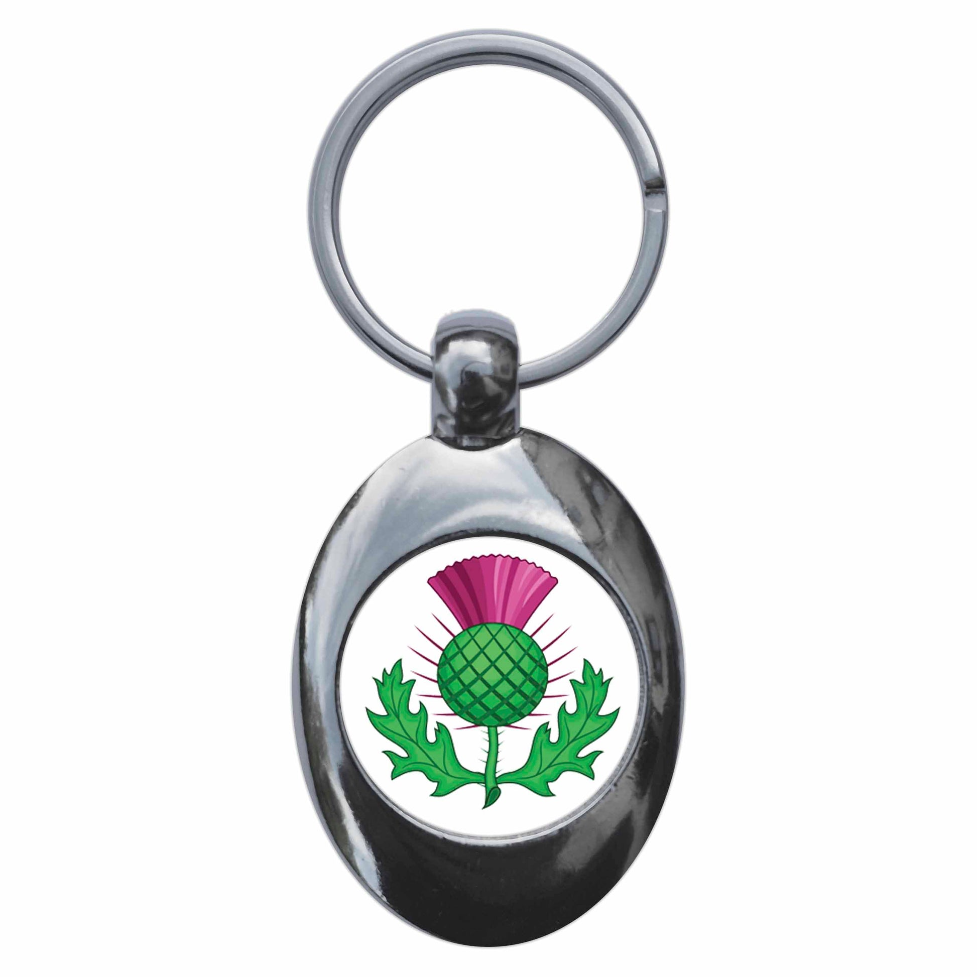 A picture of the front of the product, titled Scottish Thistle Metal Keyring With Trolley Coin