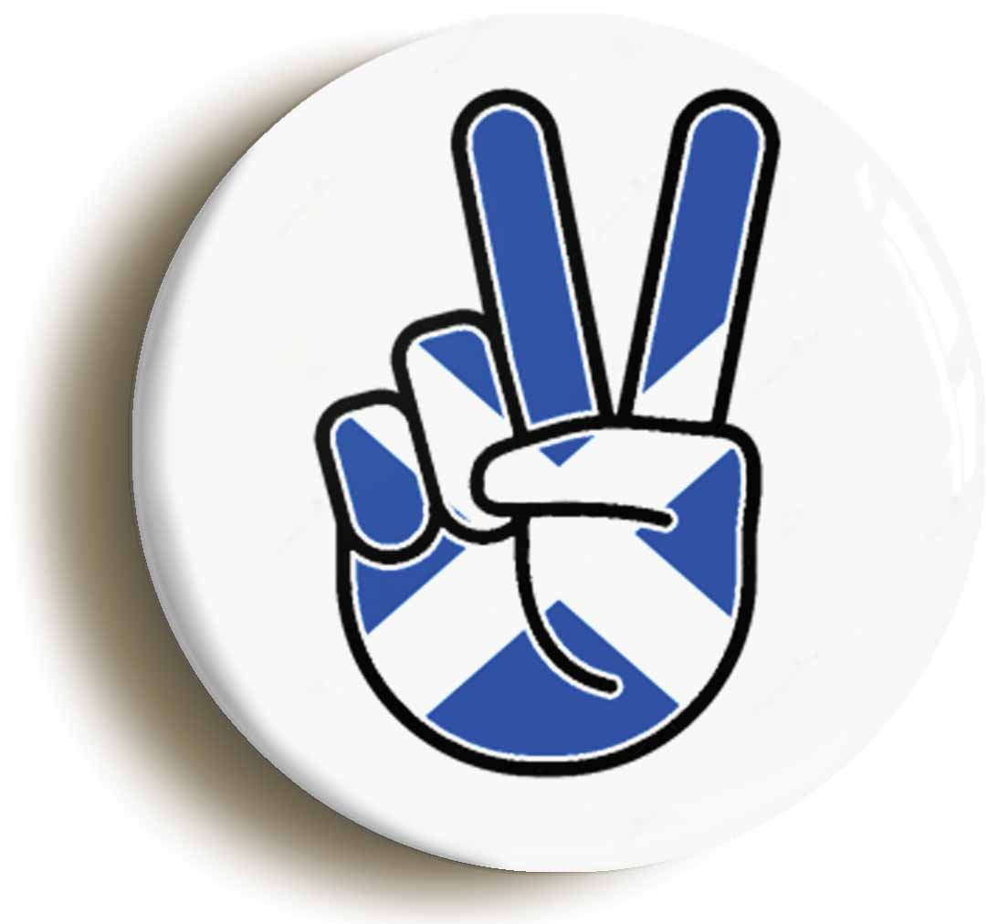 A picture of the front of the product, titled Scotland Scottish National Flag Peace Sign V Button Pin Badge