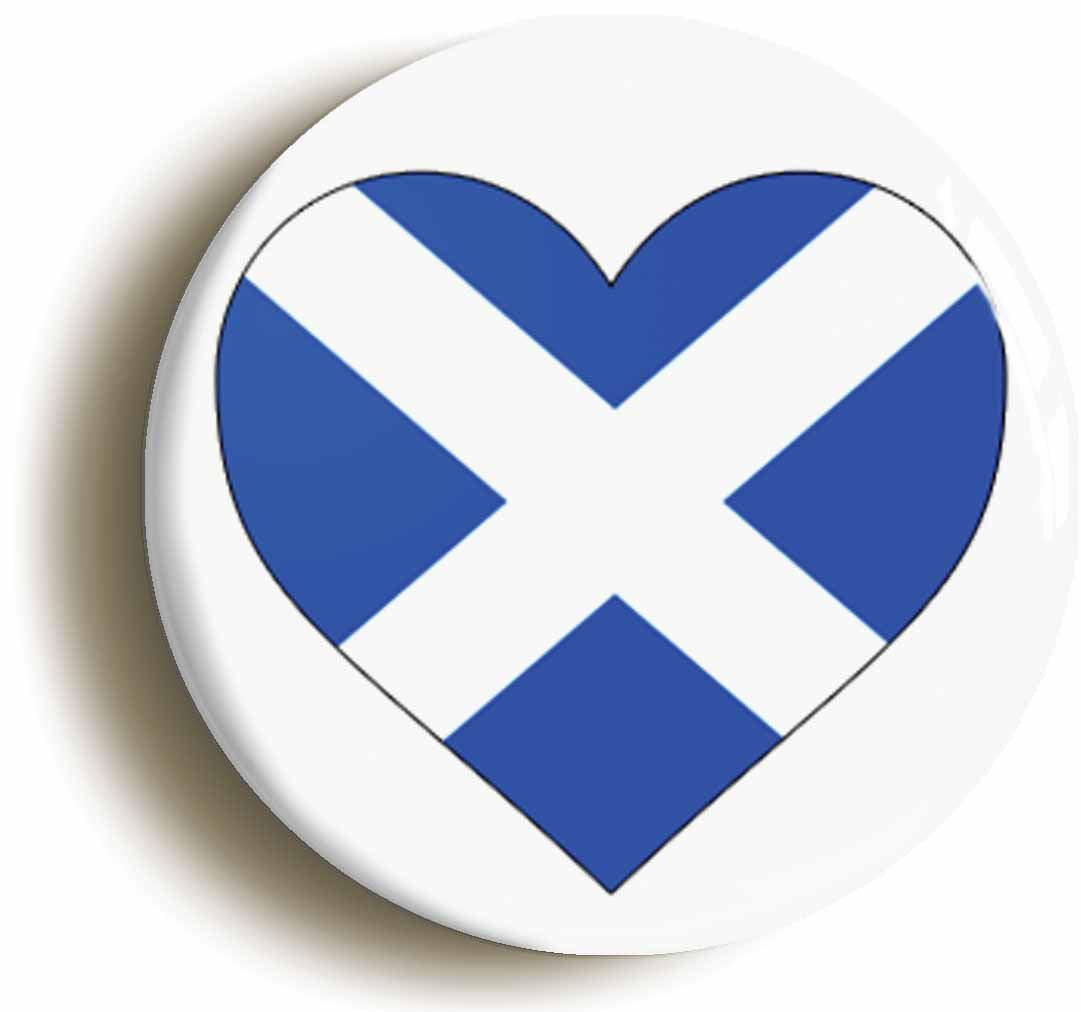 A picture of the front of the product, titled Scotland Scottish Flag Heart Button Pin Badge