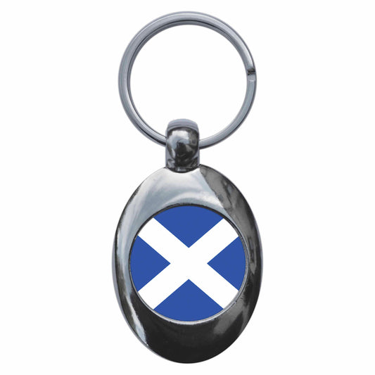 A picture of the front of the product, titled Scotland Scottish National Flag Metal Keyring With Trolley Coin