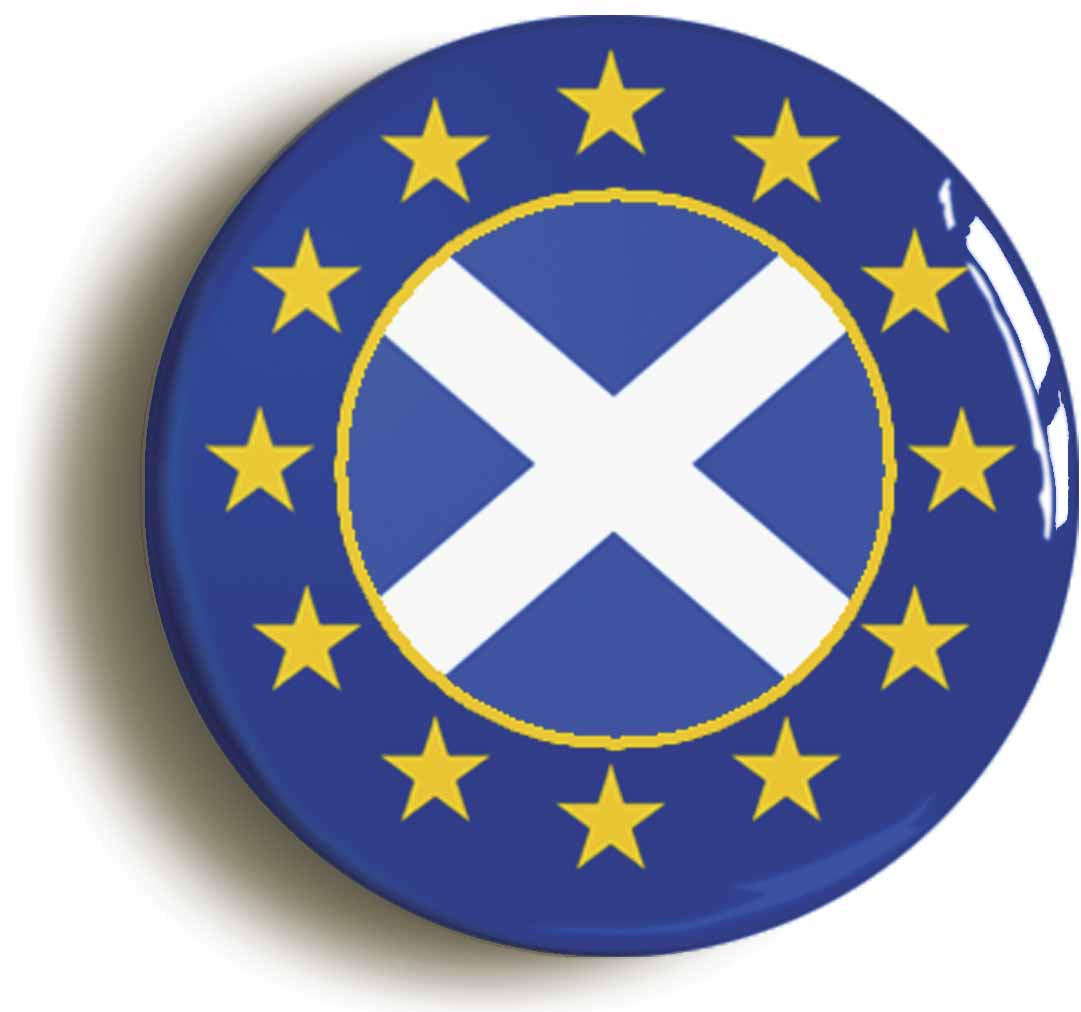 A picture of the front of the product, titled Scotland European Union Split Flag Circular 50mm Fridge Magnet