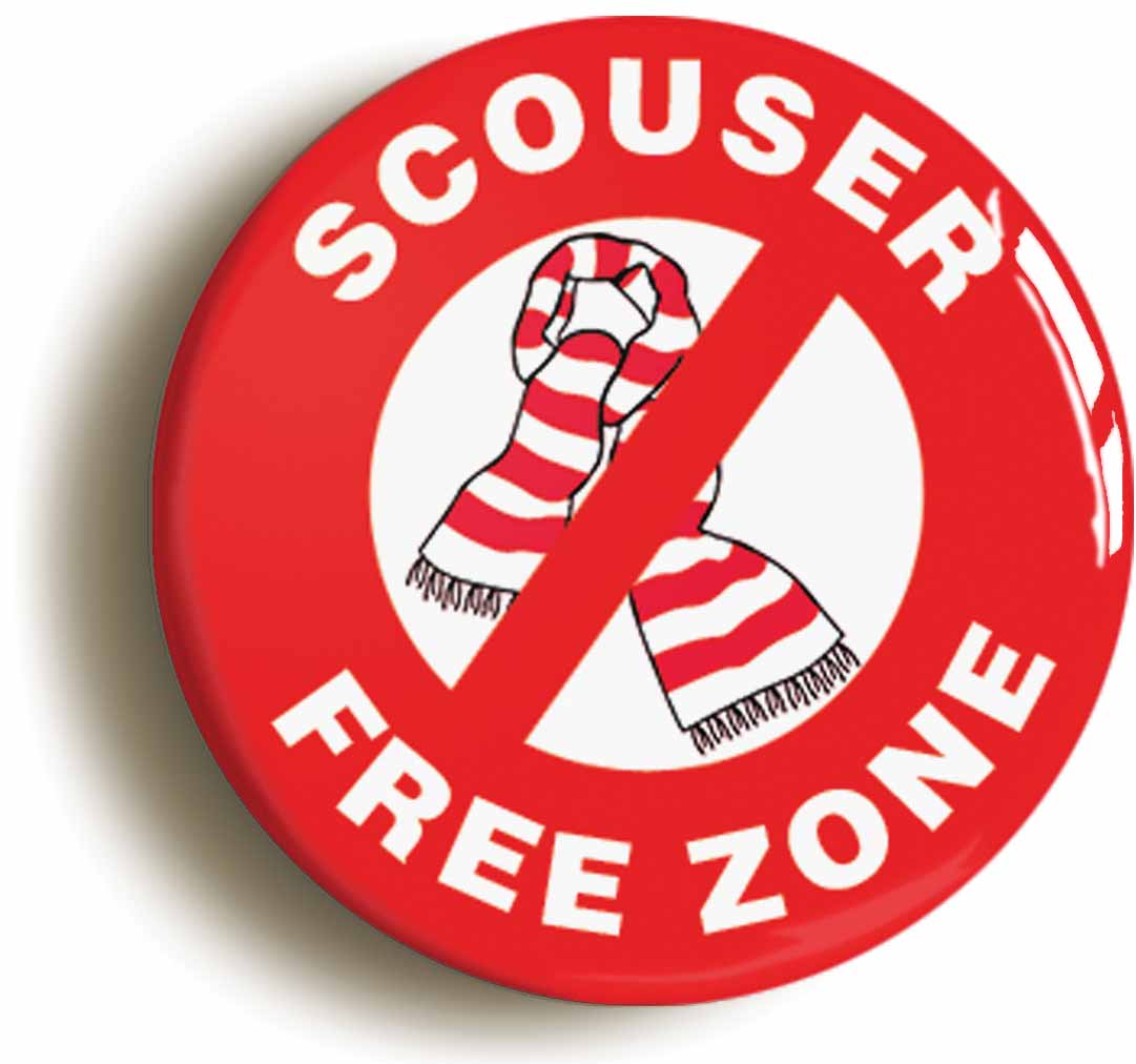 A picture of the front of the product, titled Scouser Free Zone Button Pin Badge
