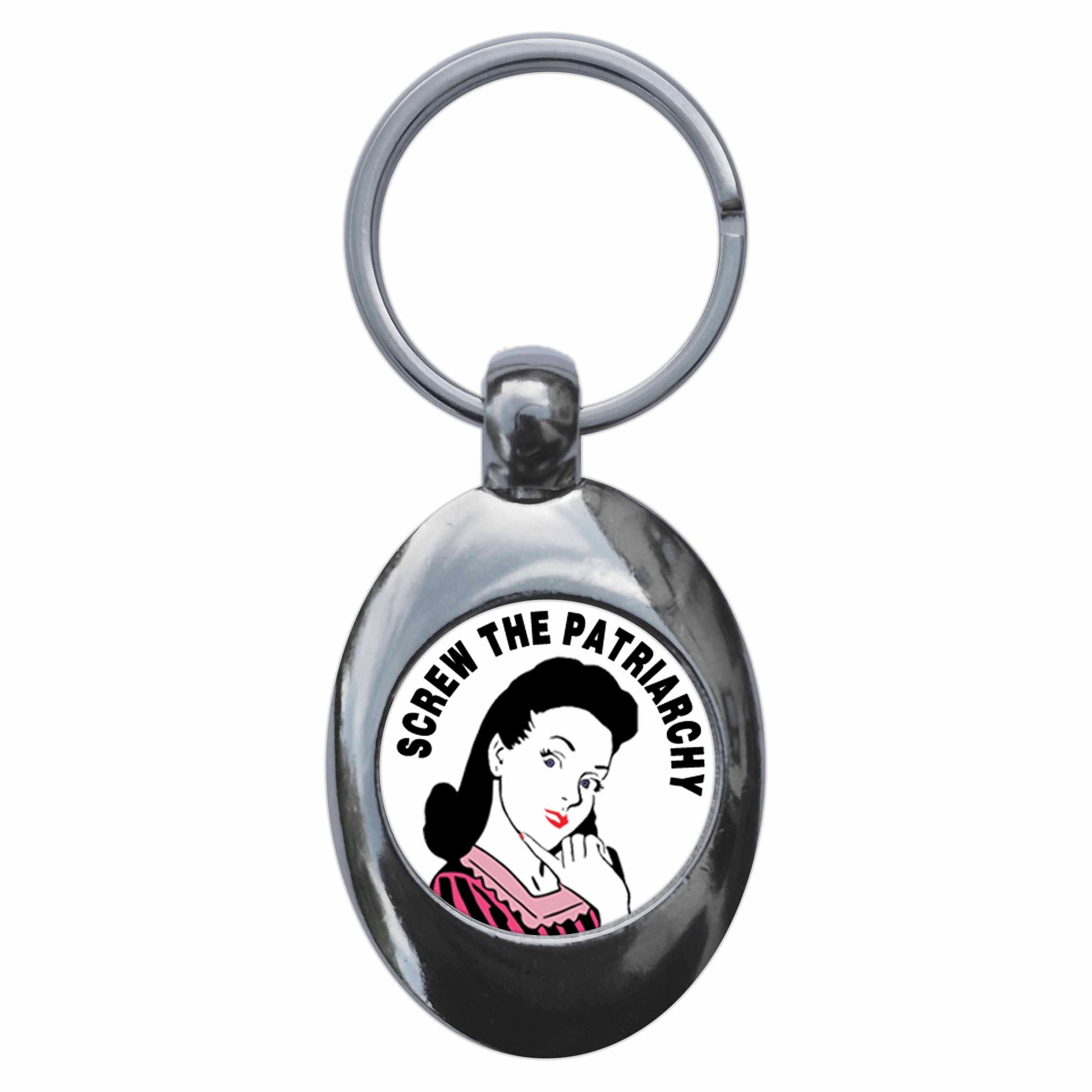 A picture of the front of the product, titled Screw The Patriarchy Metal Keyring With Trolley Coin