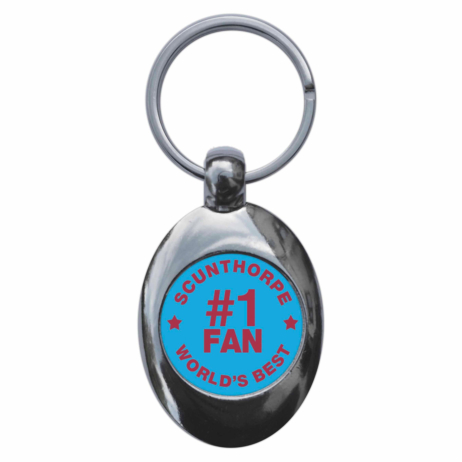 A picture of the front of the product, titled Scunthorpe #1 Fan Metal Keyring With Trolley Coin