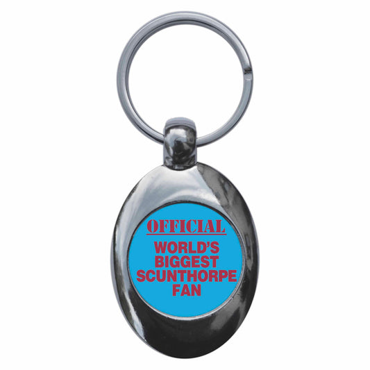 A picture of the front of the product, titled World's Biggest Scunthorpe Fan Metal Keyring With Trolley Coin
