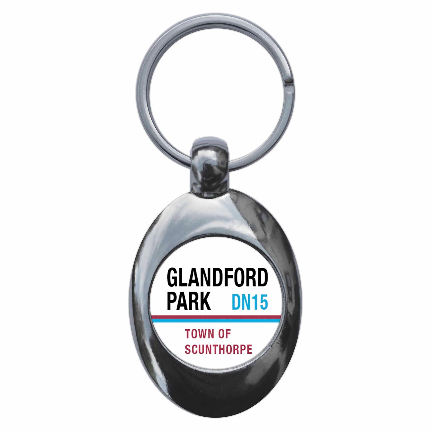A picture of the front of the product, titled Glandford Park DN15 Scunthorpe Road Sign Metal Keyring With Trolley Coin