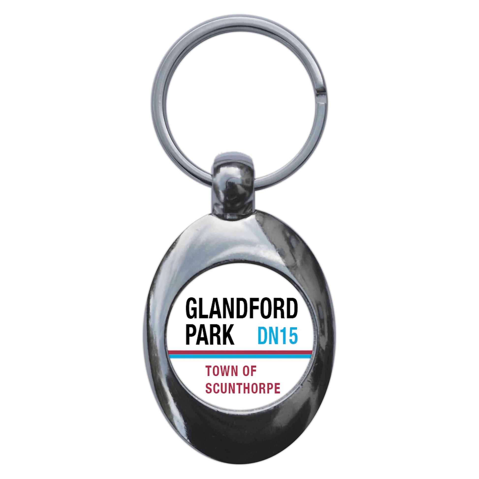 A picture of the front of the product, titled Glandford Park DN15 Scunthorpe Road Sign Metal Keyring With Trolley Coin