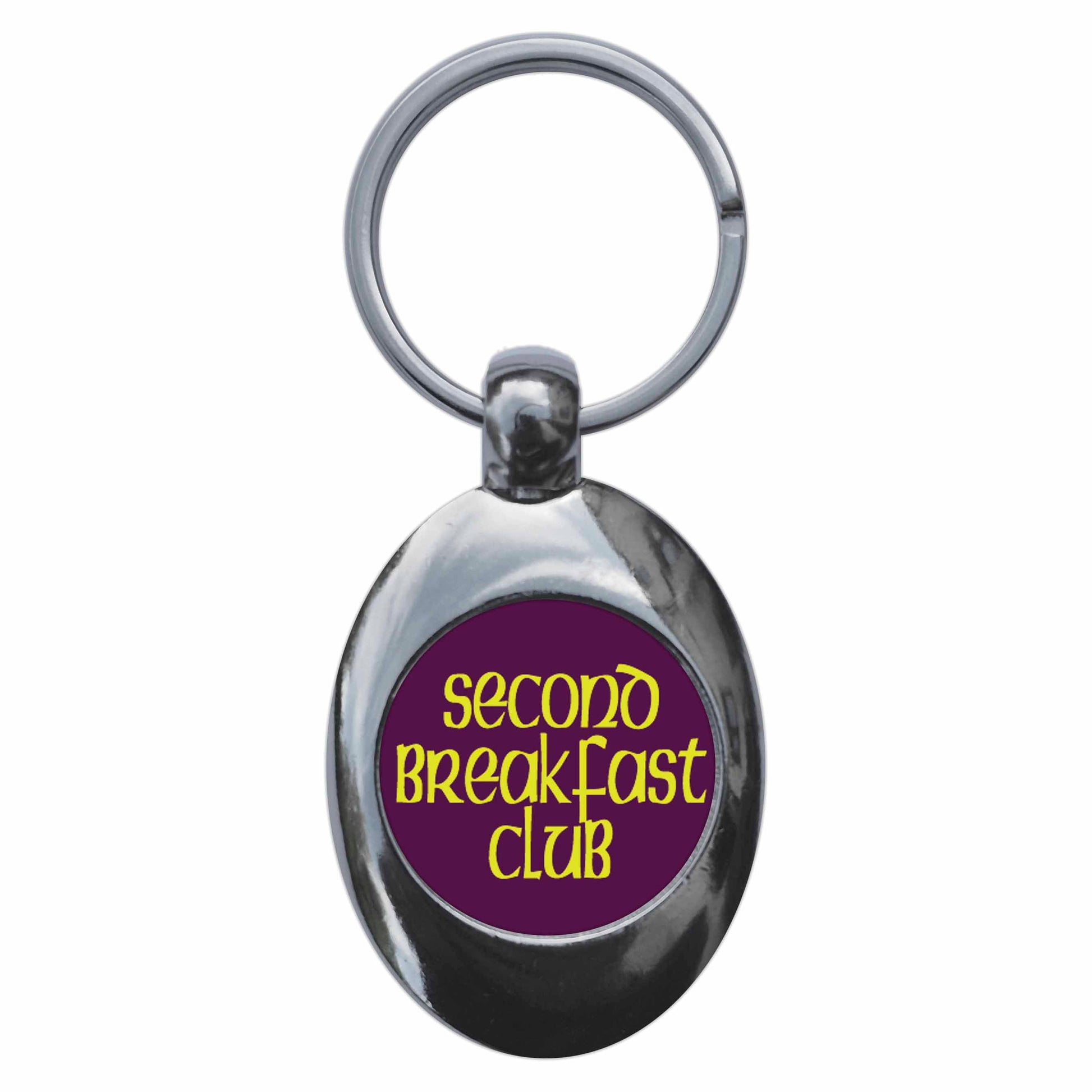A picture of the front of the product, titled Second Breakfast Club Metal Keyring With Trolley Coin