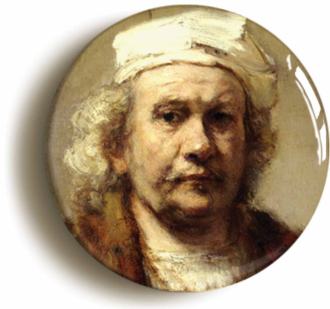 A picture of the front of the product, titled Rembrandt Self Portrait Button Pin Badge