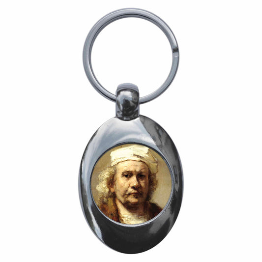 A picture of the front of the product, titled Rembrandt Self Portrait Metal Keyring With Trolley Coin