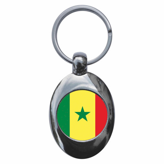 A picture of the front of the product, titled Senegal Senegalese National Flag Metal Keyring With Trolley Coin