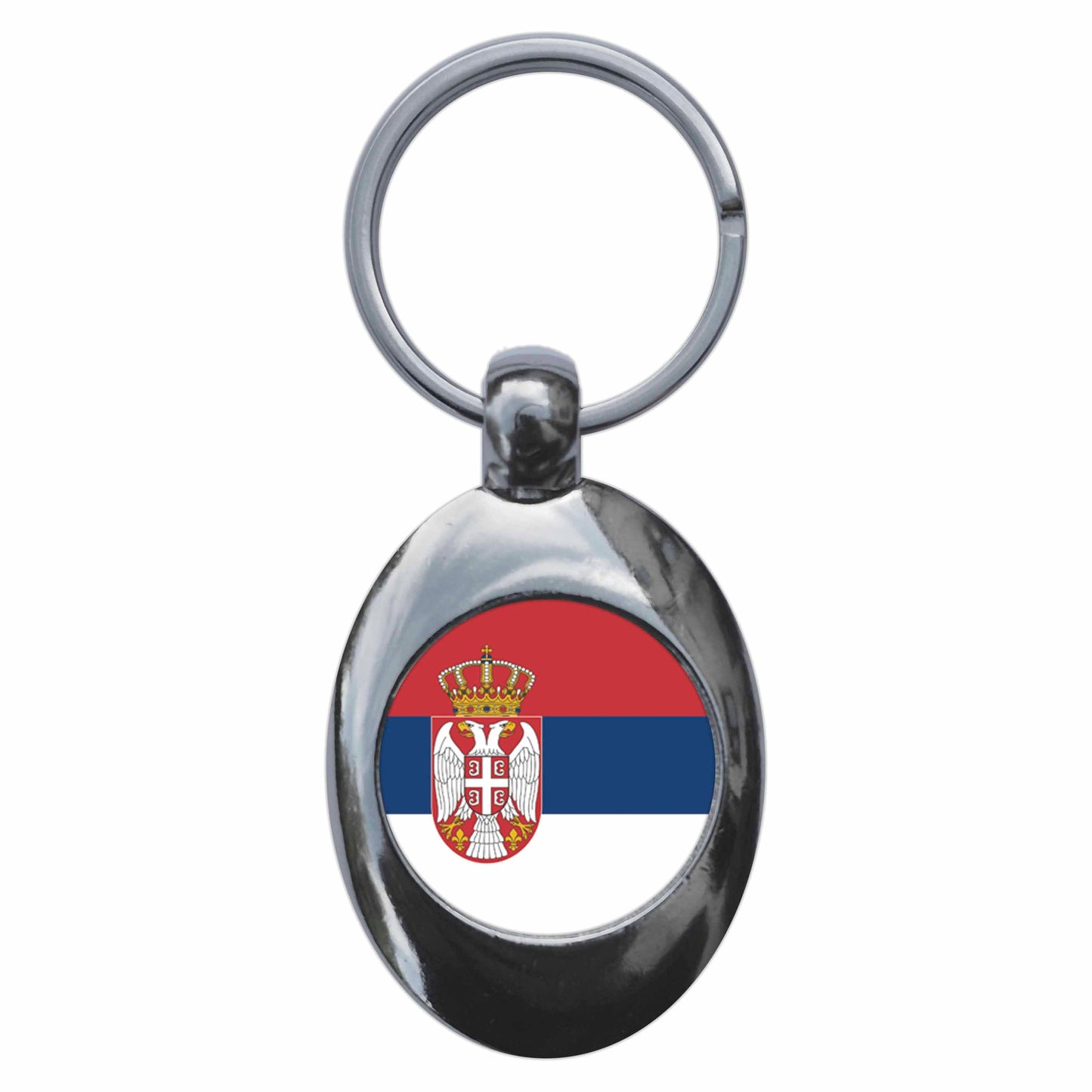 A picture of the front of the product, titled Serbia Serbian National Flag Metal Keyring With Trolley Coin