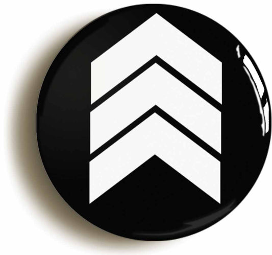 A picture of the front of the product, titled Sergeant Three Stripes Mod Button Pin Badge