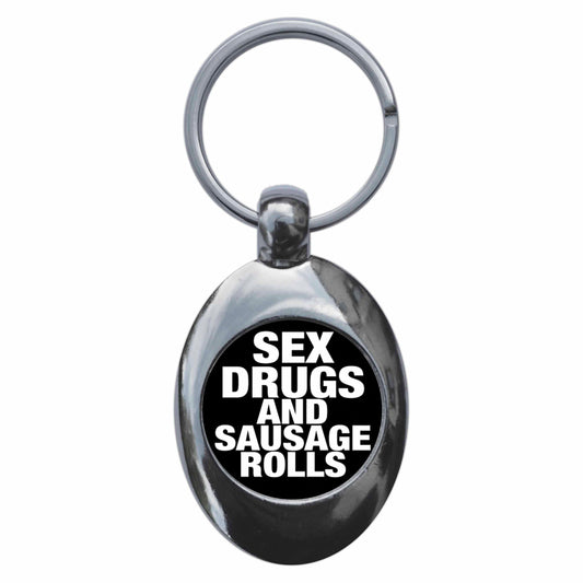 A picture of the front of the product, titled Sex Drugs And Sausage Rolls Metal Keyring With Trolley Coin