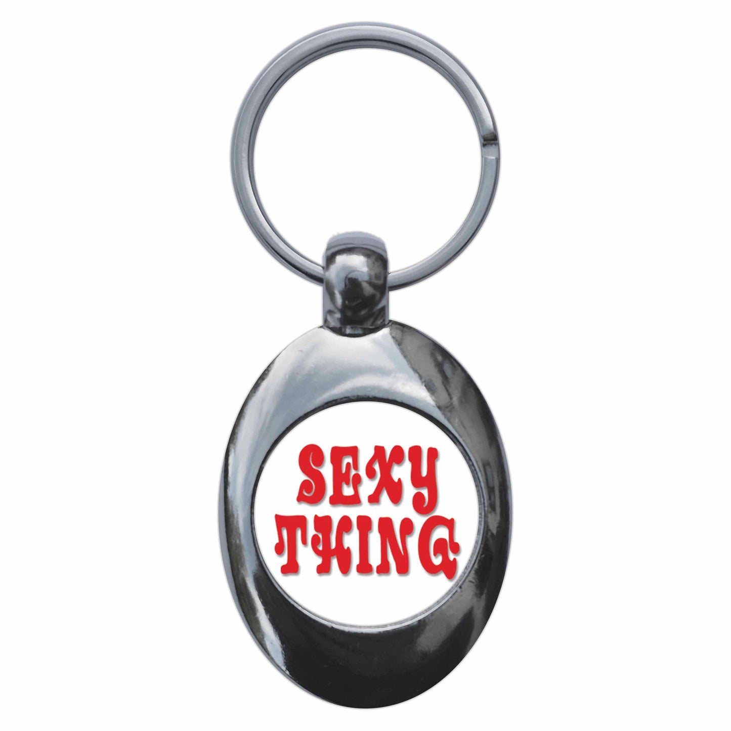A picture of the front of the product, titled Sexy Thing Metal Keyring With Trolley Coin