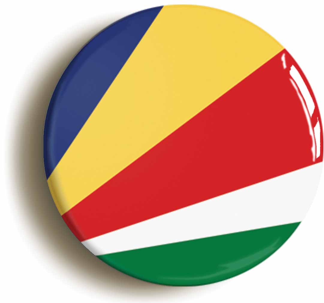 A picture of the front of the product, titled Seychelles National Flag Button Pin Badge