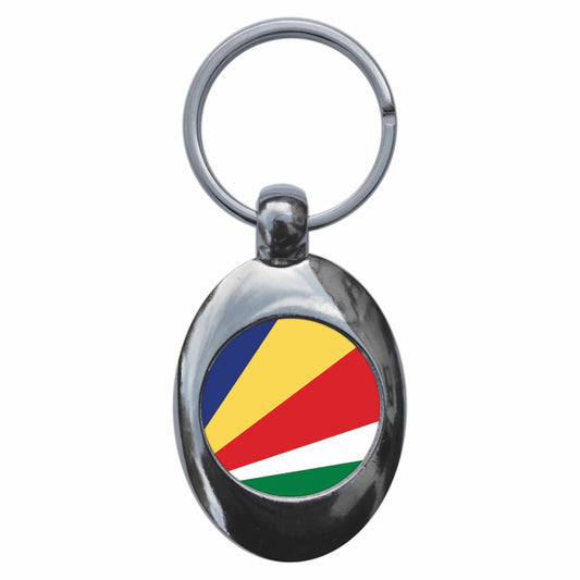 A picture of the front of the product, titled Seychelles National Flag Metal Keyring With Trolley Coin