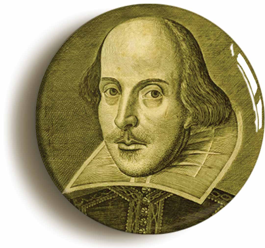 A picture of the front of the product, titled William Shakespeare Button Pin Badge