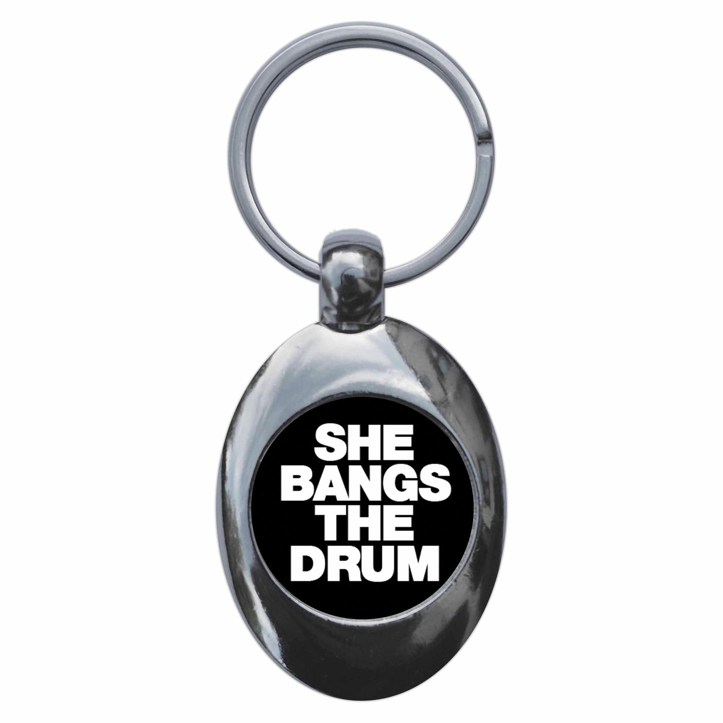 A picture of the front of the product, titled She Bangs The Drum Metal Keyring With Trolley Coin