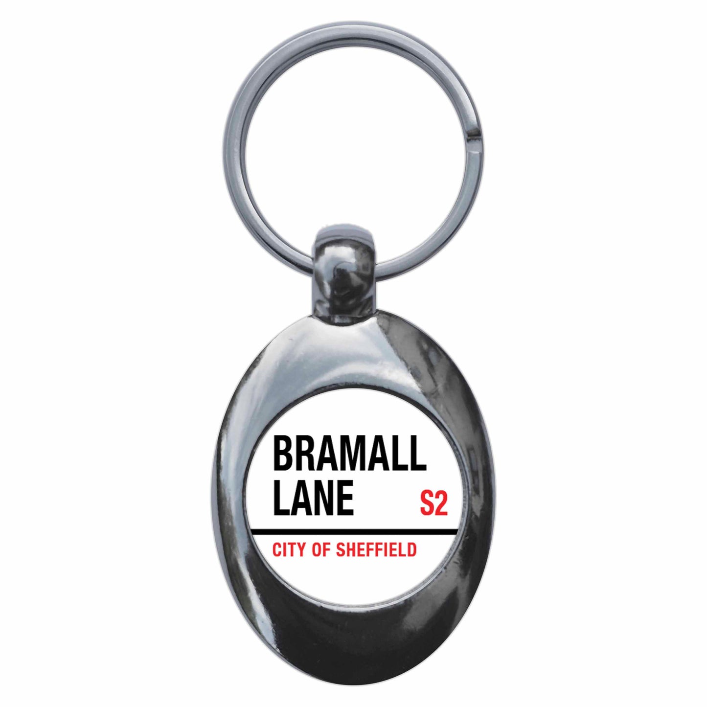 A picture of the front of the product, titled Bramall Lane S2 City Of Sheffield Road Sign Metal Keyring With Trolley Coin