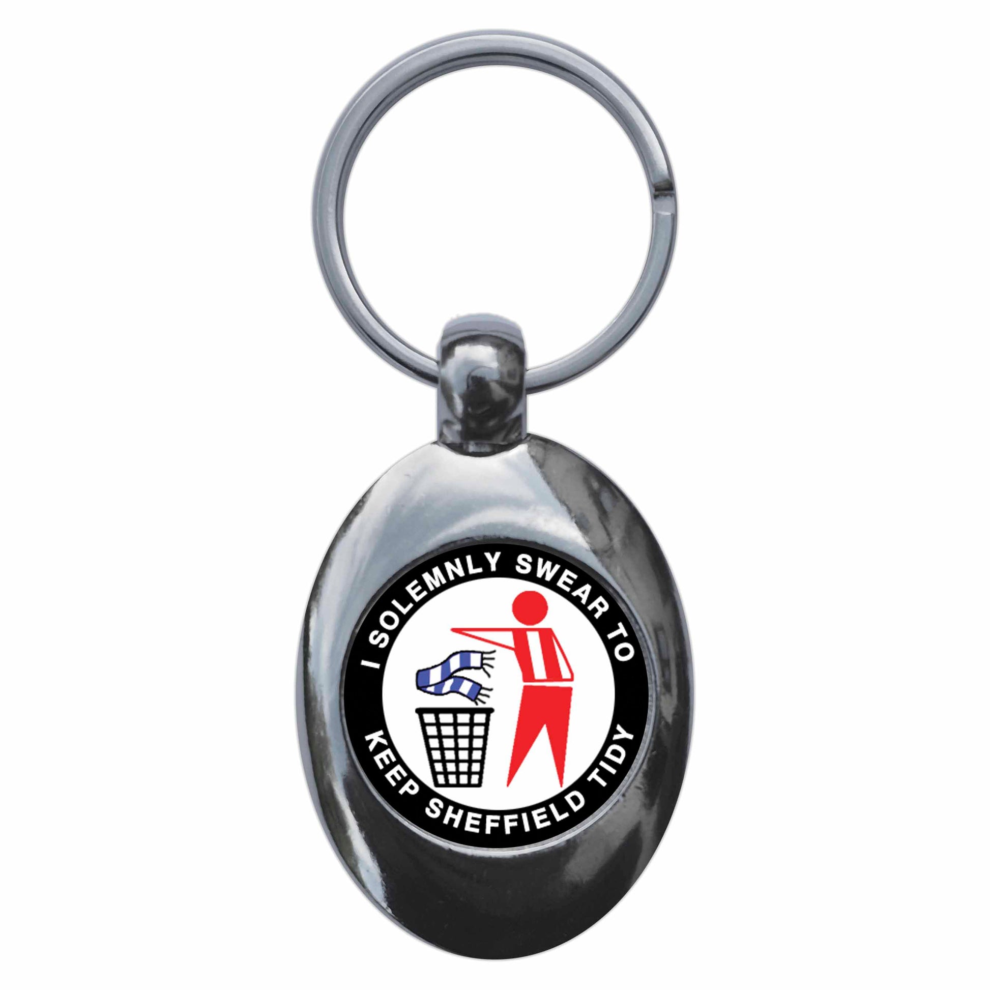 A picture of the front of the product, titled I Solemnly Swear To Keep Sheffield Tidy United Metal Keyring With Trolley Coin