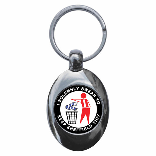 A picture of the front of the product, titled I Solemnly Swear To Keep Sheffield Tidy United Metal Keyring With Trolley Coin