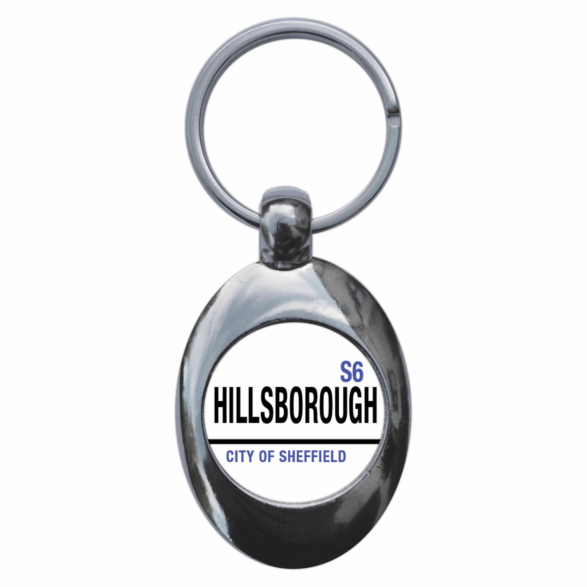A picture of the front of the product, titled Hillsborough S6 City Of Sheffield Road Sign Metal Keyring With Trolley Coin