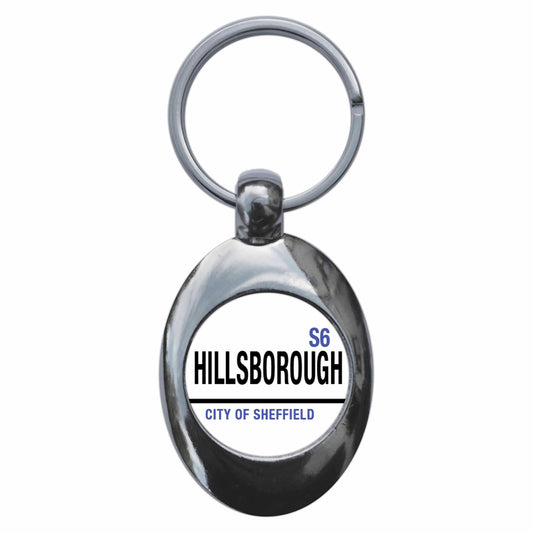A picture of the front of the product, titled Hillsborough S6 City Of Sheffield Road Sign Metal Keyring With Trolley Coin