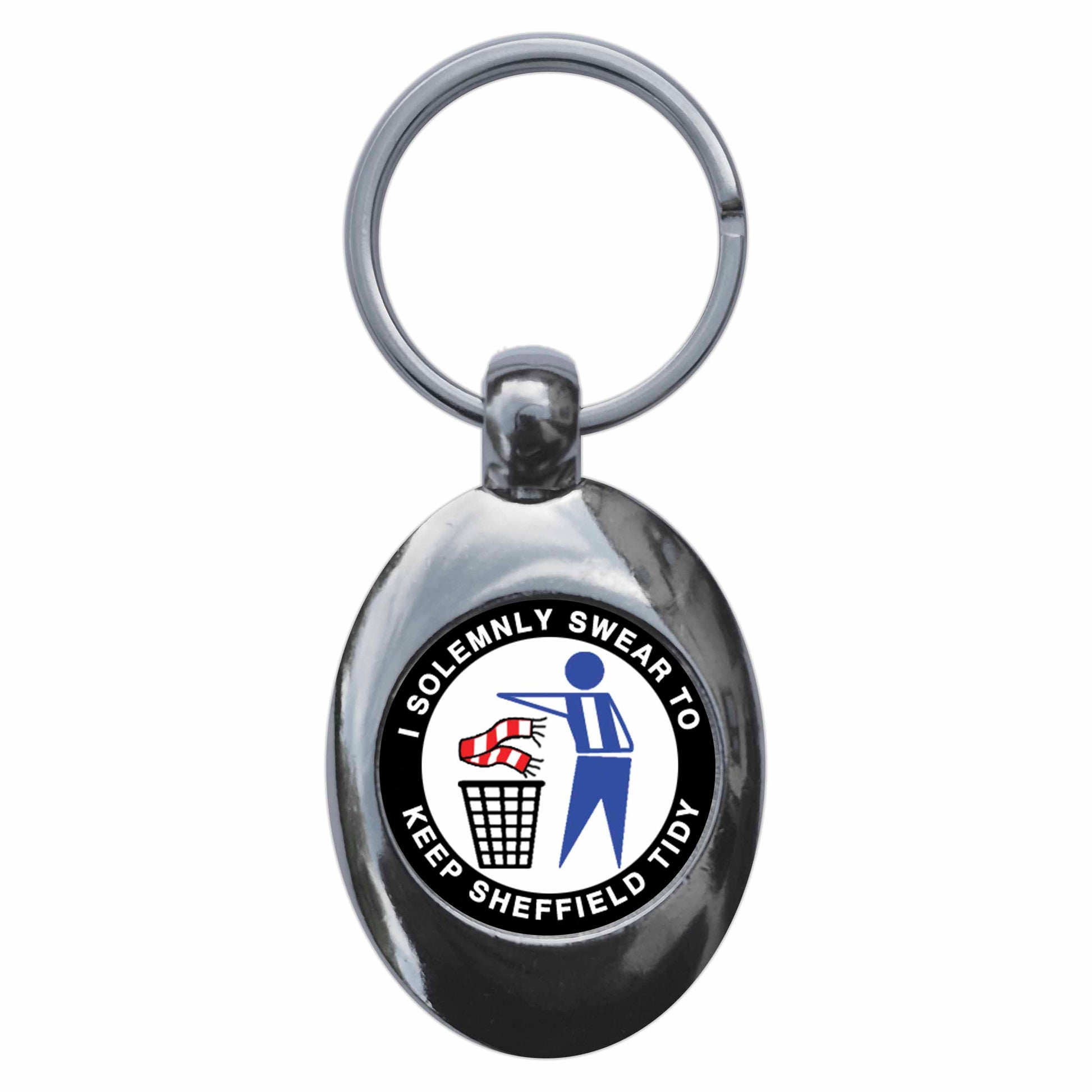 A picture of the front of the product, titled I Solemnly Swear To Keep Sheffield Tidy - Wednesday Metal Keyring With Trolley Coin