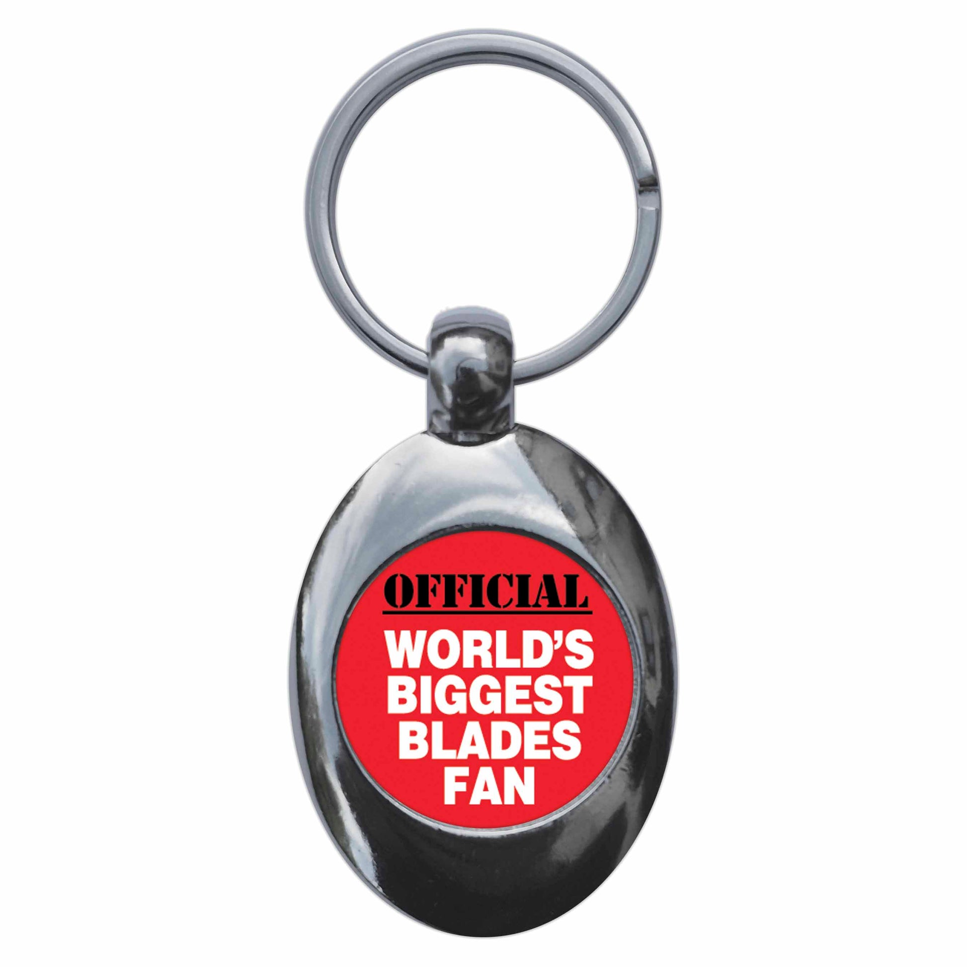 A picture of the front of the product, titled World's Biggest Blades Fan Metal Keyring With Trolley Coin