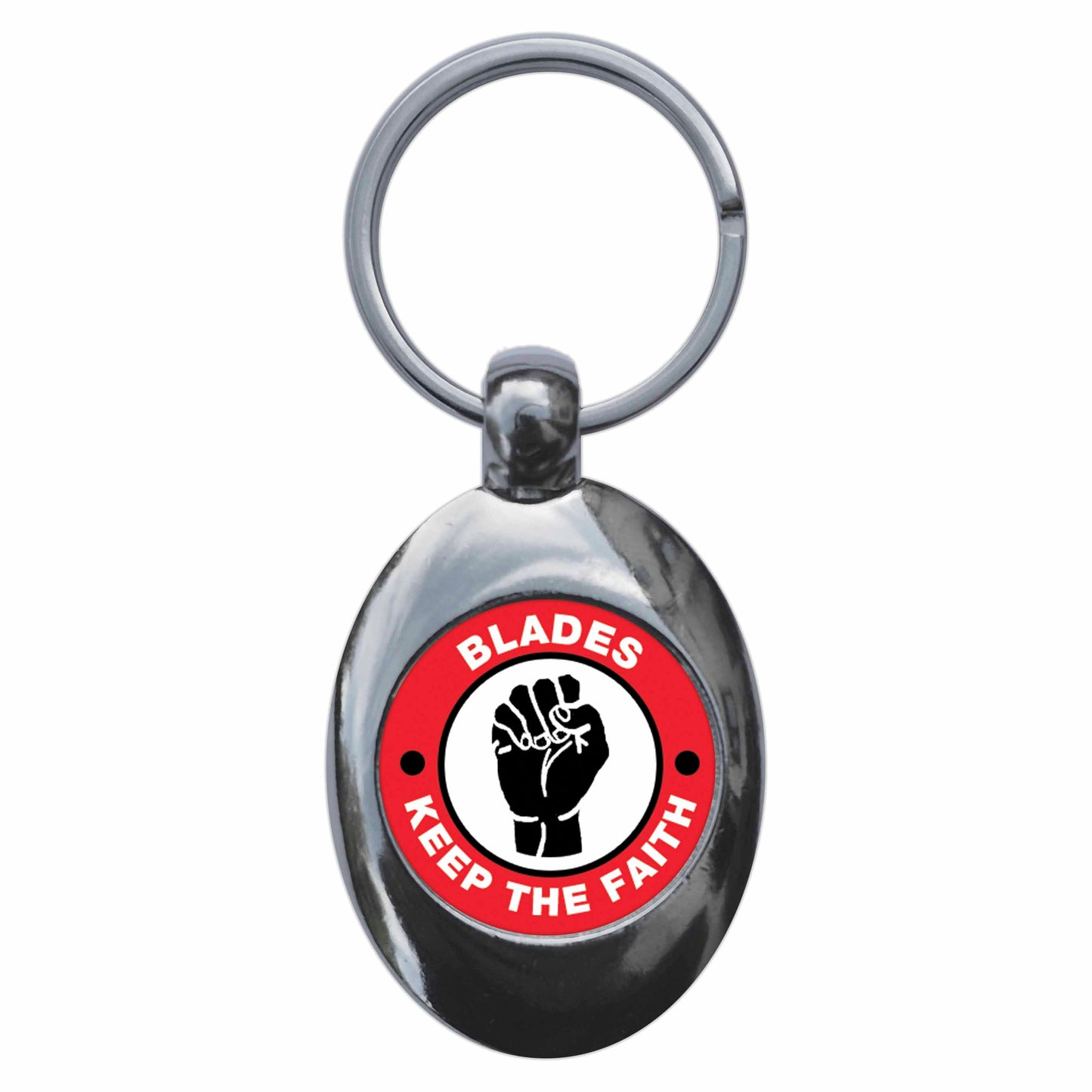 A picture of the front of the product, titled Blades Keep The Faith Northern Soul Metal Keyring With Trolley Coin