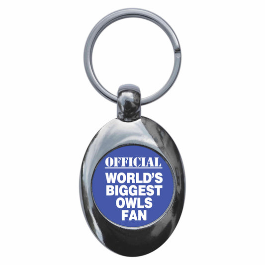 A picture of the front of the product, titled World's Biggest Owls Fan Metal Keyring With Trolley Coin