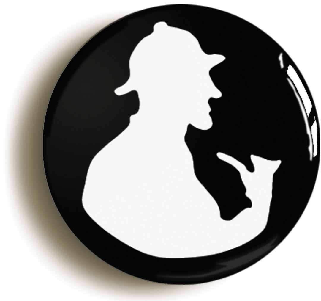 A picture of the front of the product, titled Sherlock Holmes Silhouette Button Pin Badge