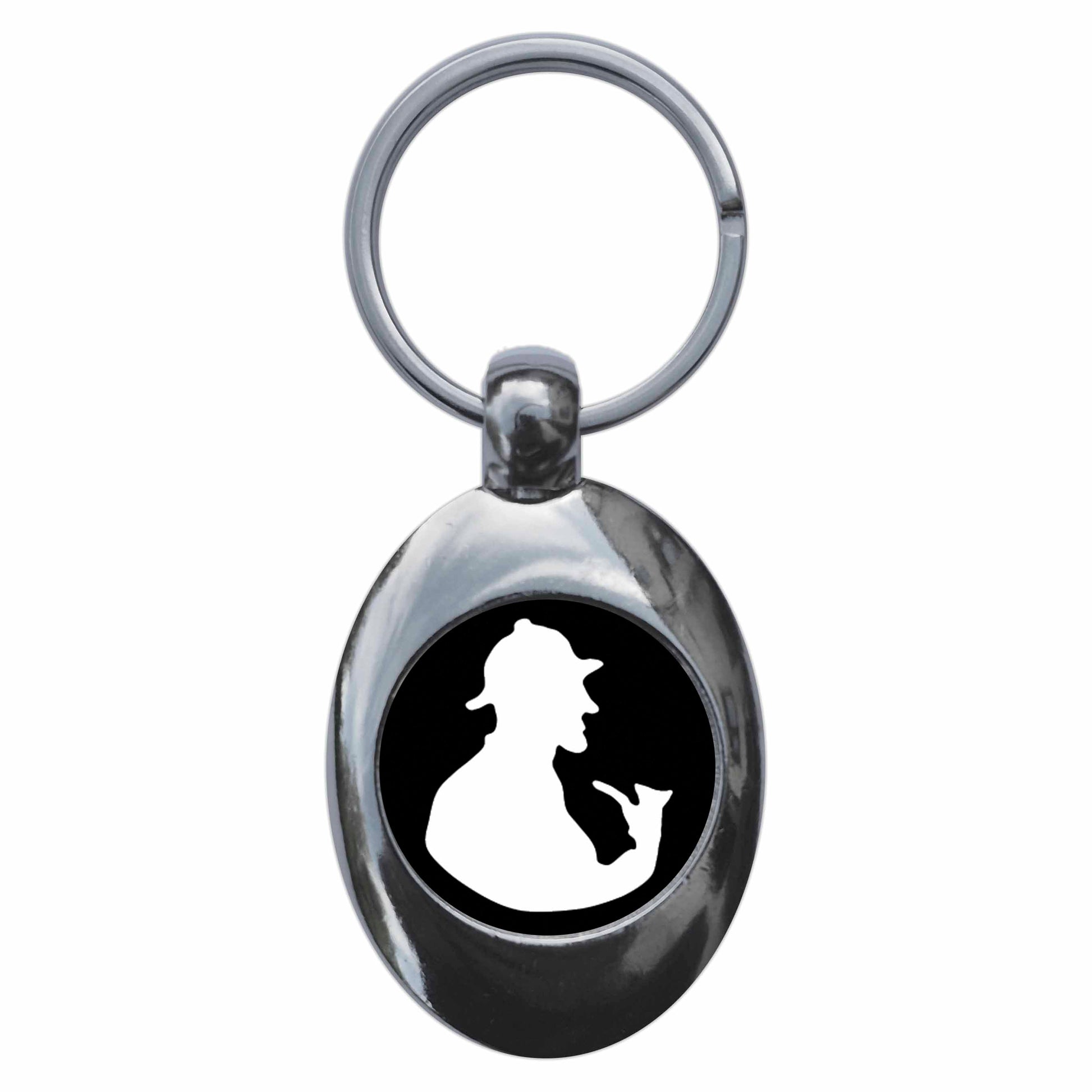 A picture of the front of the product, titled Sherlock Holmes Silhouette Metal Keyring With Trolley Coin